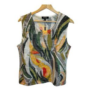Papa Vancouver Sleeveless Tropical Print Top Medium V-Neck Floral Green Gold